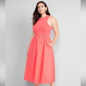 Fit Flare High-Neck Combination Midi Dress small pockets